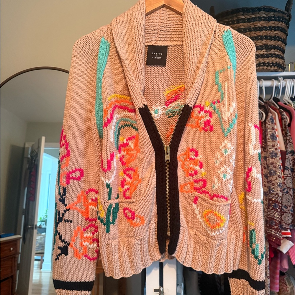Beige Floral knit Zip Cardigan Sweater Smythe x Augden